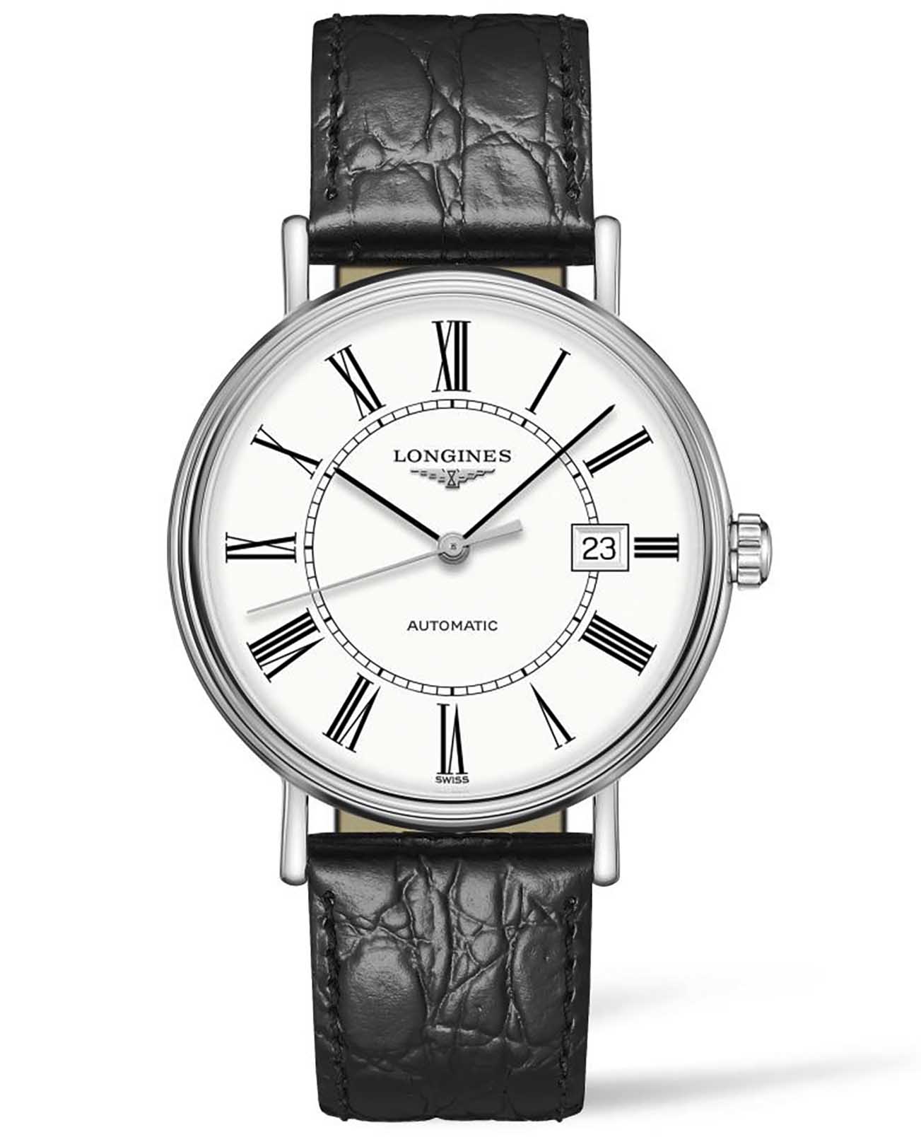Longines Longines Presence L4.922.4.11.2  L49224112 механические мужские часы белый циферблат, браслет кожаный — вид спереди